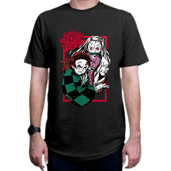 تیشرت انیمه طرح Demon Slayer شیطان کش شخصیت  Tanjiro Kamado-Nezuko Kamado تانجیرو کامادو-نزوکو  کامادو DS1نمای روبرو - رنگ مشکی